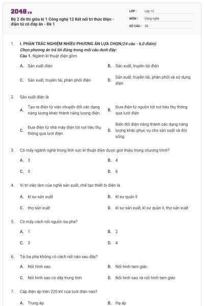 Bộ 2 đề thi giữa kì 1 Công nghệ 12 Kết nối tri thức Điện - điện tử có đáp án - Đề 1