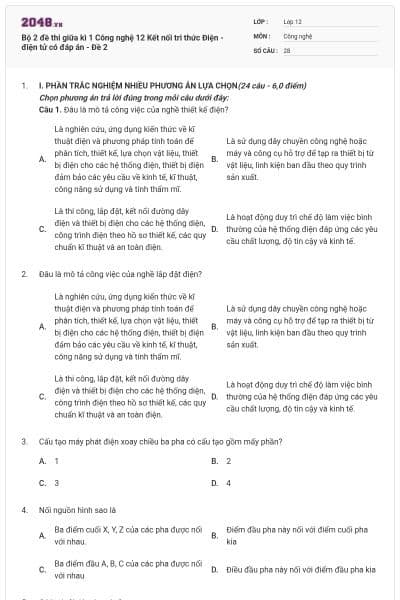 Bộ 2 đề thi giữa kì 1 Công nghệ 12 Kết nối tri thức Điện - điện tử có đáp án - Đề 2