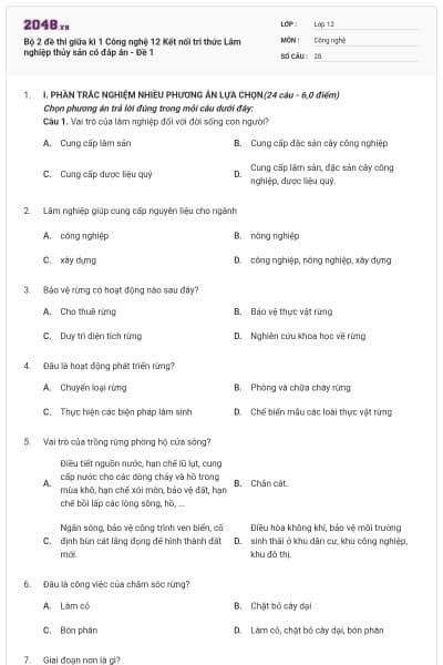 Bộ 2 đề thi giữa kì 1 Công nghệ 12 Kết nối tri thức Lâm nghiệp thủy sản có đáp án - Đề 1