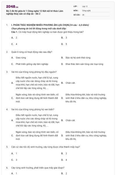 Bộ 2 đề thi giữa kì 1 Công nghệ 12 Kết nối tri thức Lâm nghiệp thủy sản có đáp án - Đề 2