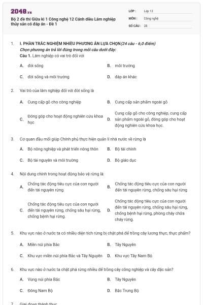 Bộ 2 đề thi Giữa kì 1 Công nghệ 12 Cánh diều Lâm nghiệp thủy sản có đáp án - Đề 1