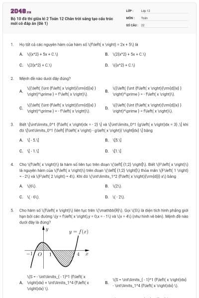 Bộ 10 đề thi giữa kì 2 Toán 12 Chân trời sáng tạo cấu trúc mới có đáp án (Đề 1)