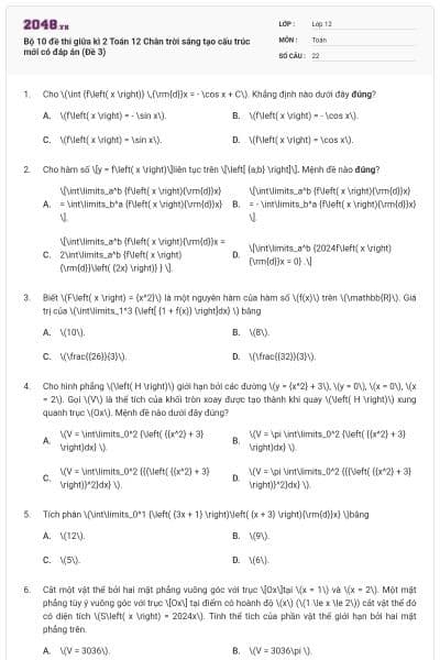 Bộ 10 đề thi giữa kì 2 Toán 12 Chân trời sáng tạo cấu trúc mới có đáp án (Đề 3)