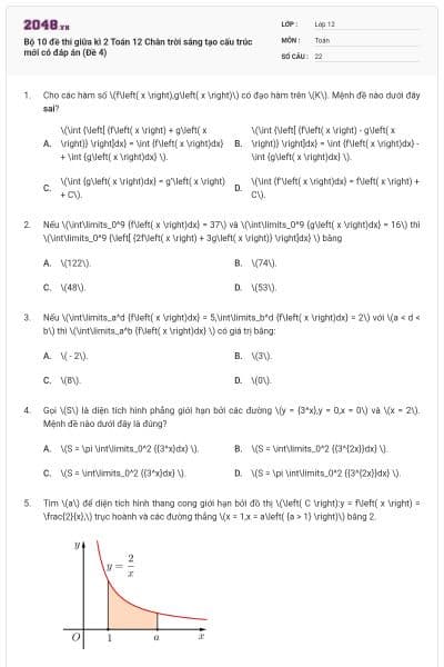 Bộ 10 đề thi giữa kì 2 Toán 12 Chân trời sáng tạo cấu trúc mới có đáp án (Đề 4)