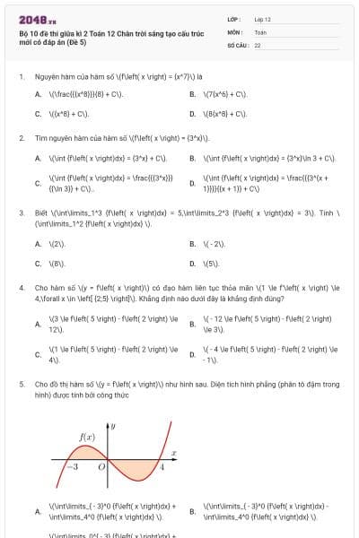 Bộ 10 đề thi giữa kì 2 Toán 12 Chân trời sáng tạo cấu trúc mới có đáp án (Đề 5)