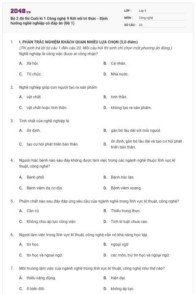 Bộ 2 đề thi Cuối kì 1 Công nghệ 9 Kết nối tri thức - Định hướng nghề nghiệp có đáp án (Đề 1)