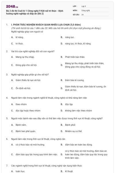 Bộ 2 đề thi Cuối kì 1 Công nghệ 9 Kết nối tri thức - Định hướng nghề nghiệp có đáp án (Đề 2)