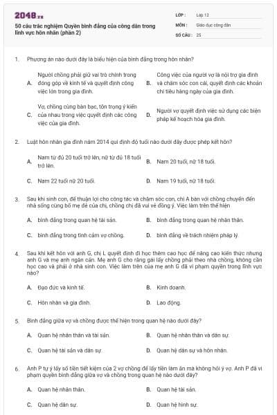 50 câu trắc nghiệm Quyền bình đẳng của công dân trong lĩnh vực hôn nhân (phần 2)