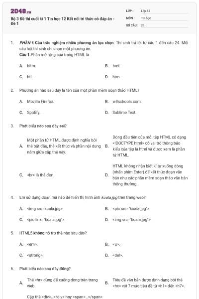 Bộ 3 Đề thi cuối kì 1 Tin học 12 Kết nối tri thức có đáp án - Đề 1