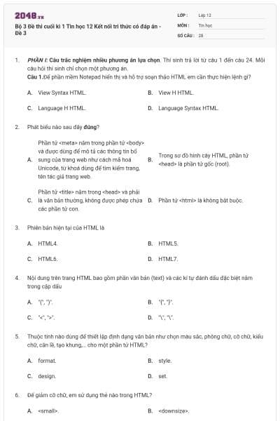 Bộ 3 Đề thi cuối kì 1 Tin học 12 Kết nối tri thức có đáp án - Đề 3