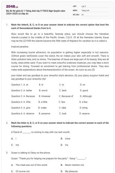Bộ đề thi giữa kì 1 Tiếng Anh lớp 9 THCS Ngô Quyền năm 2024-2025 có đáp án