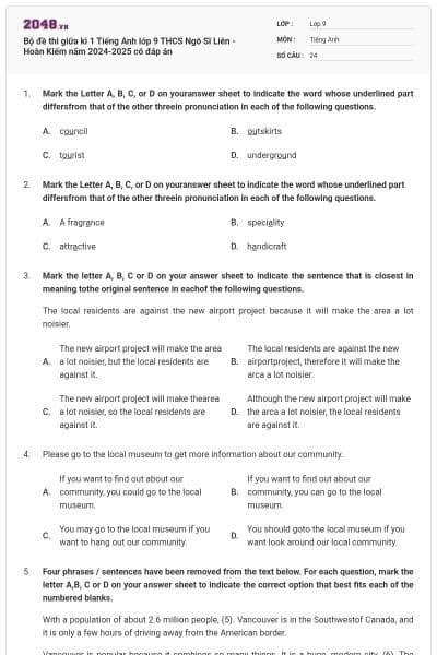 Bộ đề thi giữa kì 1 Tiếng Anh lớp 9 THCS Ngô Sĩ Liên - Hoàn Kiếm năm 2024-2025 có đáp án