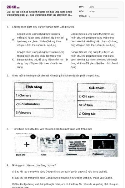 Giải bài tập Tin học 12 Định hướng Tin học ứng dụng Chân trời sáng tạo Bài E1: Tạo trang web, thiết lập giao diện và xem trước trang web có đáp án