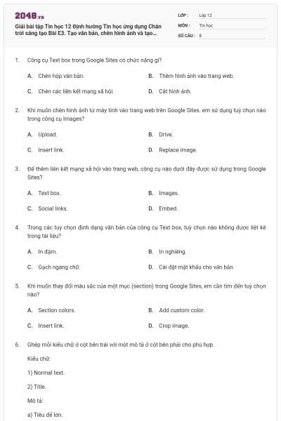 Giải bài tập Tin học 12 Định hướng Tin học ứng dụng Chân trời sáng tạo Bài E3. Tạo văn bản, chèn hình ảnh và tạo chân trang có đáp án