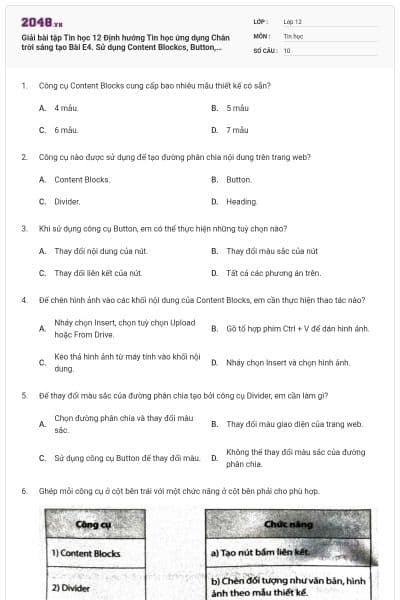 Giải bài tập Tin học 12 Định hướng Tin học ứng dụng Chân trời sáng tạo Bài E4. Sử dụng Content Blockcs, Button, Divider có đáp án
