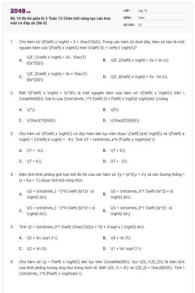 Bộ 10 đề thi giữa kì 2 Toán 12 Chân trời sáng tạo cấu trúc mới có đáp án (Đề 6)