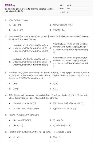 Bộ 10 đề thi giữa kì 2 Toán 12 Chân trời sáng tạo cấu trúc mới có đáp án (Đề 8)