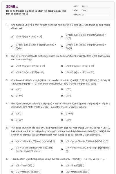 Bộ 10 đề thi giữa kì 2 Toán 12 Chân trời sáng tạo cấu trúc mới có đáp án (Đề 9)