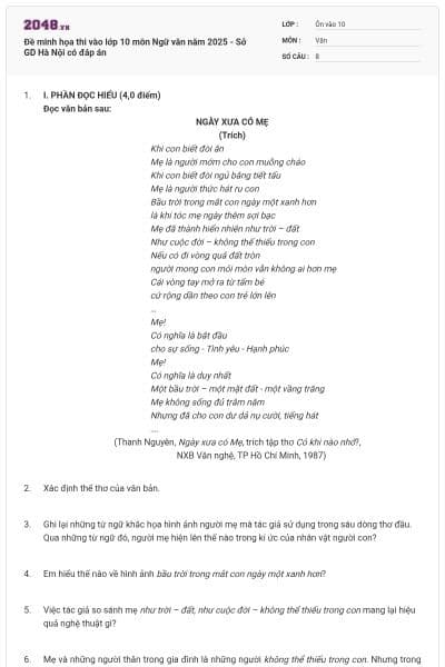 Đề minh họa thi vào lớp 10 môn Ngữ văn năm 2025 - Sở GD Hà Nội có đáp án