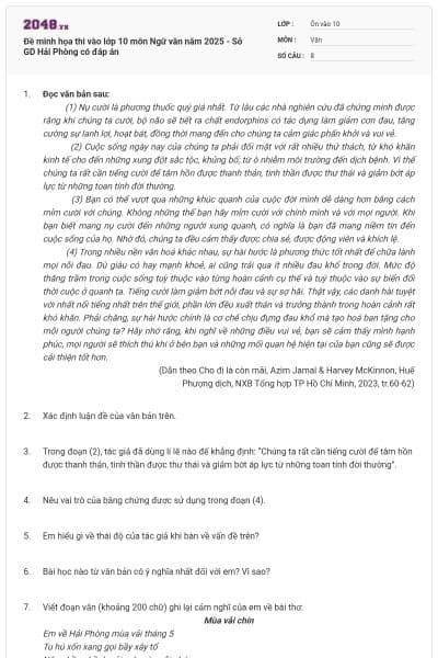 Đề minh họa thi vào lớp 10 môn Ngữ văn năm 2025 - Sở GD Hải Phòng có đáp án