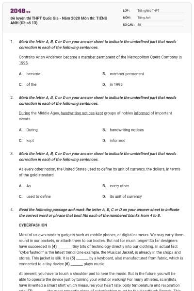 Đề luyện thi THPT Quốc Gia - Năm 2020 Môn thi: TIẾNG ANH (Đề số 13)