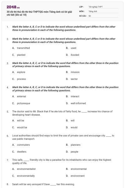 30 đề thi thử đề thi thử THPTQG môn Tiếng Anh có lời giải chi tiết (Đề số 18)