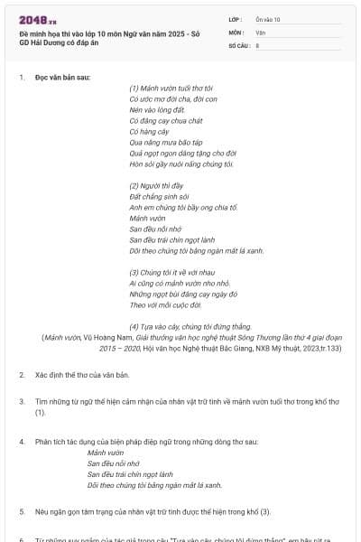 Đề minh họa thi vào lớp 10 môn Ngữ văn năm 2025 - Sở GD Hải Dương có đáp án