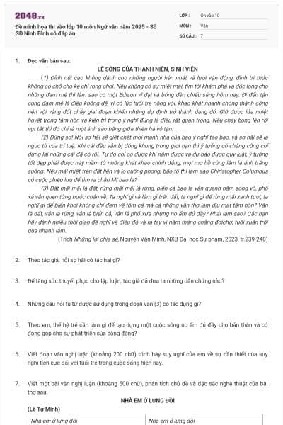 Đề minh họa thi vào lớp 10 môn Ngữ văn năm 2025 - Sở GD Ninh Bình có đáp án