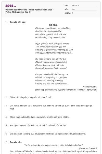 Đề minh họa thi vào lớp 10 môn Ngữ văn năm 2025 - Phòng GD Quận 5 có đáp án