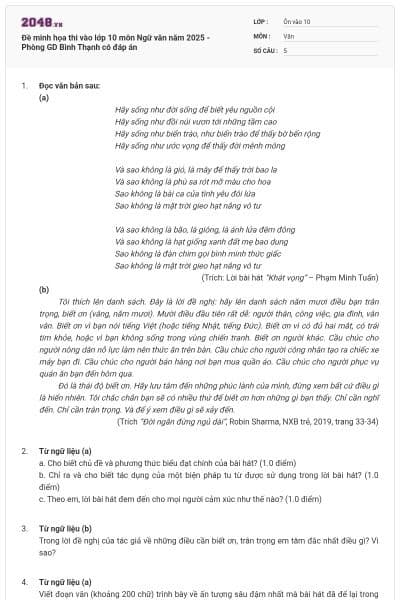 Đề minh họa thi vào lớp 10 môn Ngữ văn năm 2025 - Phòng GD Bình Thạnh có đáp án