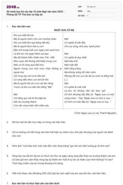 Đề minh họa thi vào lớp 10 môn Ngữ văn năm 2025 - Phòng GD TP Thủ Đức có đáp án