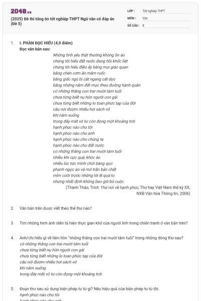 (2025) Đề thi tổng ôn tốt nghiệp THPT Ngữ văn có đáp án (Đề 5)