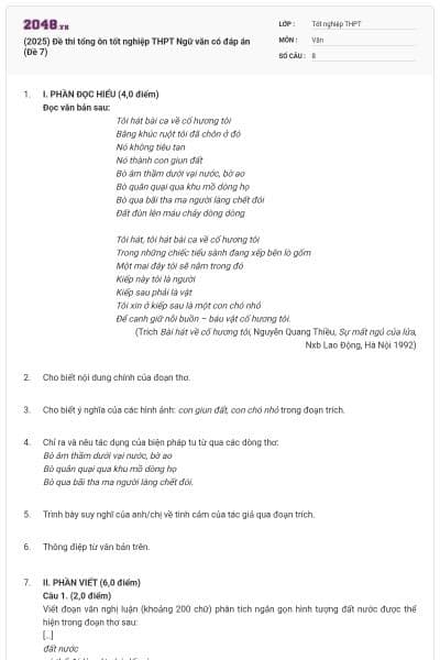 (2025) Đề thi tổng ôn tốt nghiệp THPT Ngữ văn có đáp án (Đề 7)