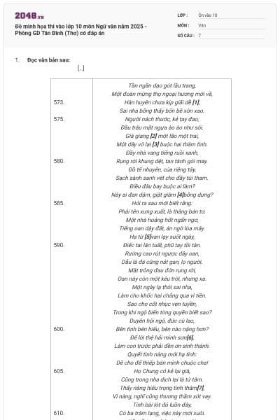 Đề minh họa thi vào lớp 10 môn Ngữ văn năm 2025 - Phòng GD Tân Bình (Thơ) có đáp án