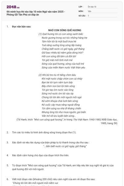 Đề minh họa thi vào lớp 10 môn Ngữ văn năm 2025 - Phòng GD Tân Phú có đáp án