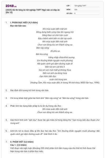(2025) Đề thi tổng ôn tốt nghiệp THPT Ngữ văn có đáp án (Đề 10)