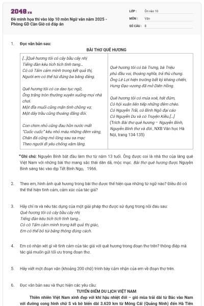 Đề minh họa thi vào lớp 10 môn Ngữ văn năm 2025 - Phòng GD Cần Giờ có đáp án