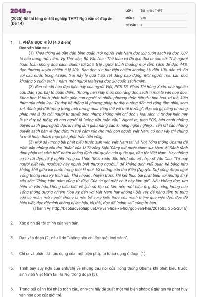 (2025) Đề thi tổng ôn tốt nghiệp THPT Ngữ văn có đáp án (Đề 14)