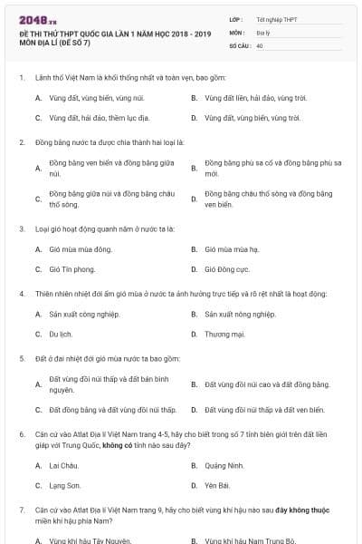 ĐỀ THI THỬ THPT QUỐC GIA LẦN 1 NĂM HỌC 2018 - 2019 MÔN ĐỊA LÍ (ĐẾ SỐ 7)