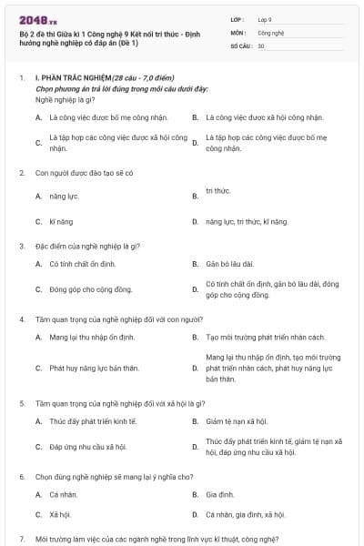 Bộ 2 đề thi Giữa kì 1 Công nghệ 9 Kết nối tri thức - Định hướng nghề nghiệp có đáp án (Đề 1)
