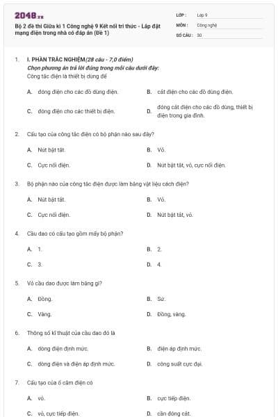 Bộ 2 đề thi Giữa kì 1 Công nghệ 9 Kết nối tri thức - Lắp đặt mạng điện trong nhà có đáp án (Đề 1)