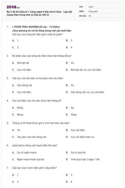 Bộ 2 đề thi Giữa kì 1 Công nghệ 9 Kết nối tri thức - Lắp đặt mạng điện trong nhà có đáp án (Đề 2)