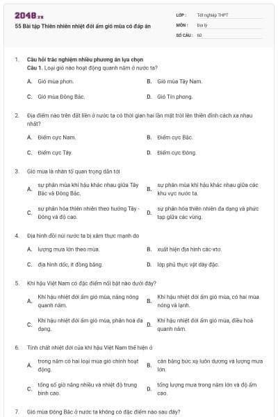 55 Bài tập Thiên nhiên nhiệt đới ẩm gió mùa có đáp án