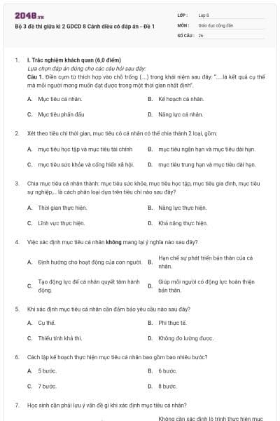 Bộ 3 đề thi giữa kì 2 GDCD 8 Cánh diều có đáp án - Đề 1