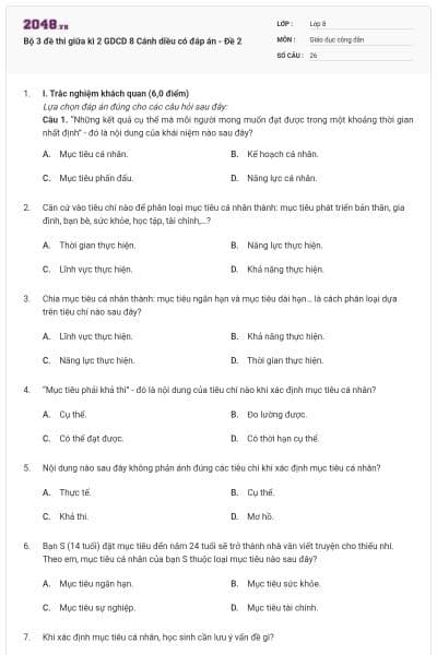 Bộ 3 đề thi giữa kì 2 GDCD 8 Cánh diều có đáp án - Đề 2