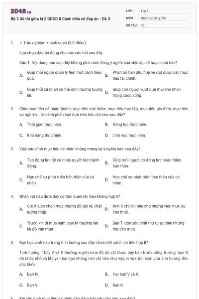 Bộ 3 đề thi giữa kì 2 GDCD 8 Cánh diều có đáp án - Đề 3