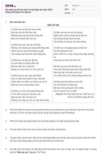Đề minh họa thi vào lớp 10 môn Ngữ văn năm 2025 - Phòng GD Quận 8 có đáp án