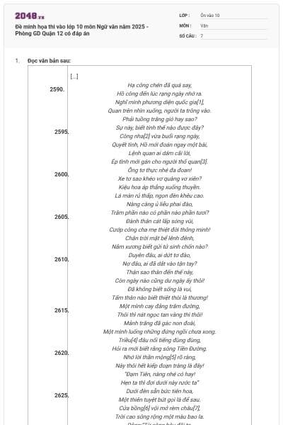 Đề minh họa thi vào lớp 10 môn Ngữ văn năm 2025 - Phòng GD Quận 12 có đáp án