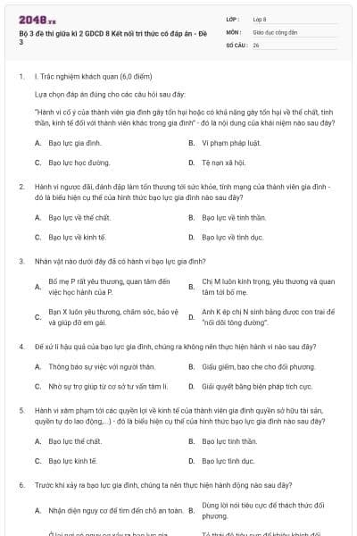 Bộ 3 đề thi giữa kì 2 GDCD 8 Kết nối tri thức có đáp án - Đề 3