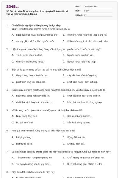 55 Bài tập Vấn đề sử dụng hợp lí tài nguyên thiên nhiên và vảo vệ môi trường có đáp án